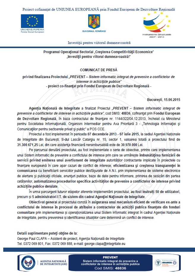 Comunicat - Finalizare Proiect cod SMIS: 48836 - PREVENT